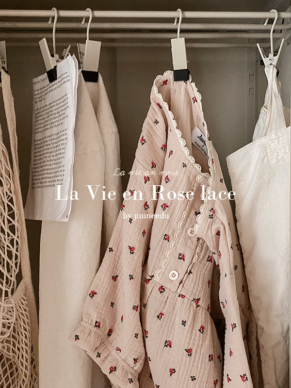 JUUNEEDU J'eu La Vie en Rose Lace Crinkled Cotton Short-Sleeve Pajama Set JUUNEEDU  DKshop