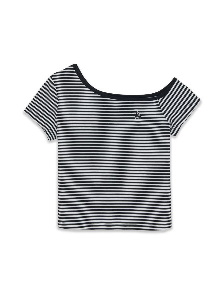 [MLB X KIOF] Women's Varsity Stripe Off-Shoulder Slim-Fit Semi-Cropped Short-Sleeve T-Shirt MLB  DKshop