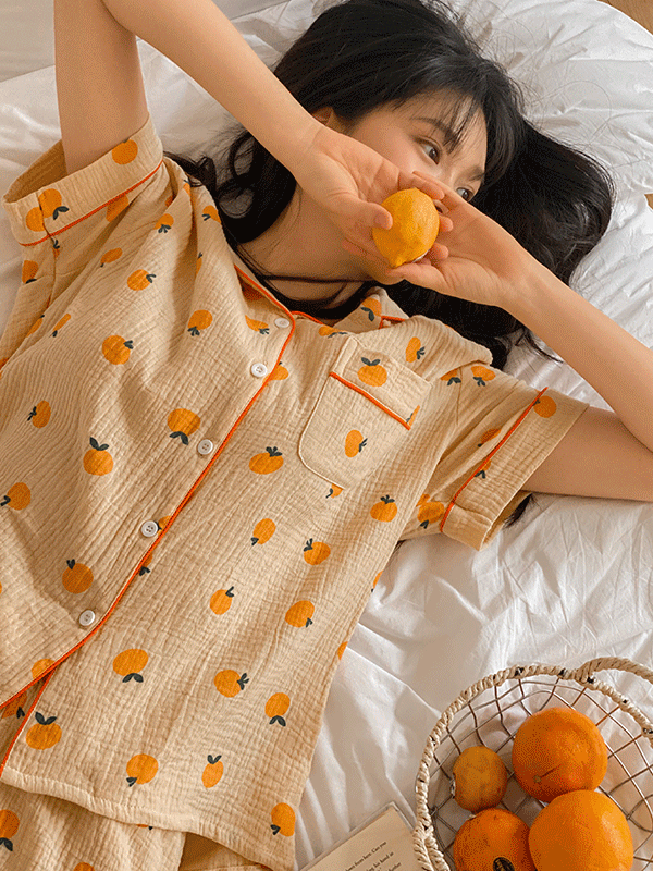 JUUNEEDU J'eu Tangerine Crinkled Cotton Short-Sleeve Pajama Set JUUNEEDU  DKshop
