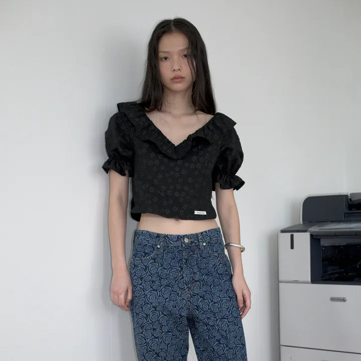 OVERDUE FLAIR RUFFLE JACQUARD BLOUSE 2 colors OVERDUE FLAIR  DKshop