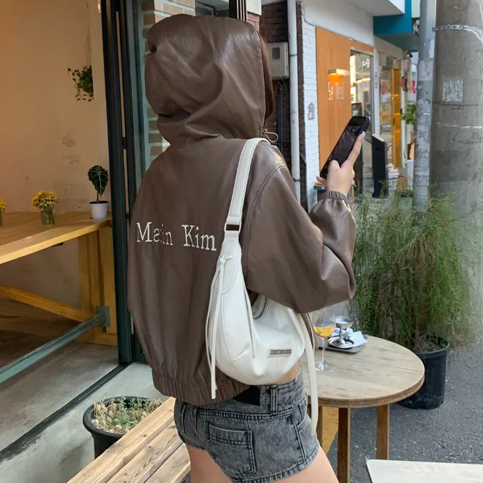 Matin Kim FAUX LEATHER HOODY CROP JUMPER (aespa ningning WEAR) Matin Kim  DKshop