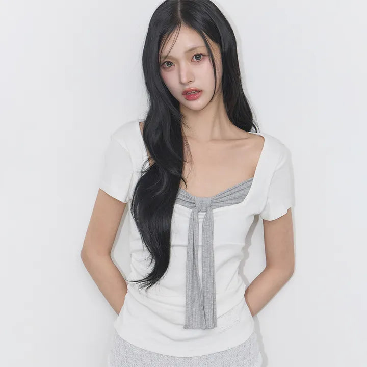 ILLIGO Layered Ribbon Tie T-shirt ILLIGO  DKshop