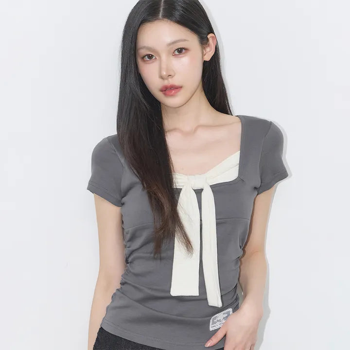 ILLIGO Layered Ribbon Tie T-shirt ILLIGO  DKshop