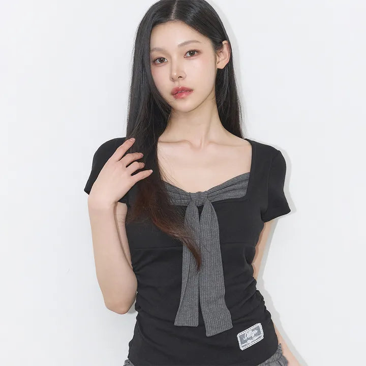 ILLIGO Layered Ribbon Tie T-shirt ILLIGO  DKshop