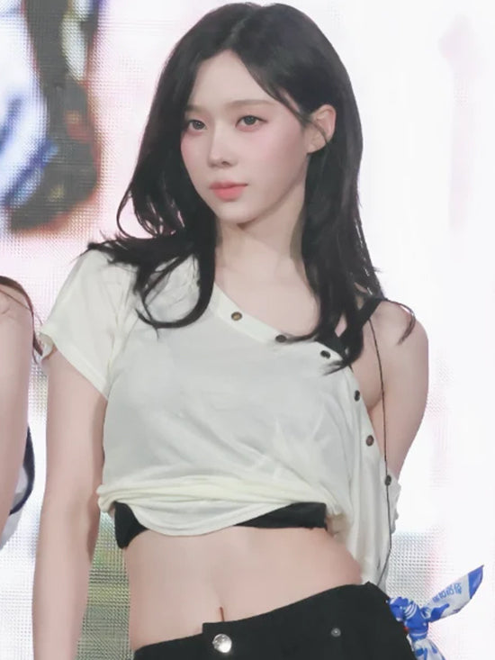 PLEASENOFOLLOW Harry Button Unbal Shirring Short Top (aespa Winter Wear) PLEASENOFOLLOW  DKshop