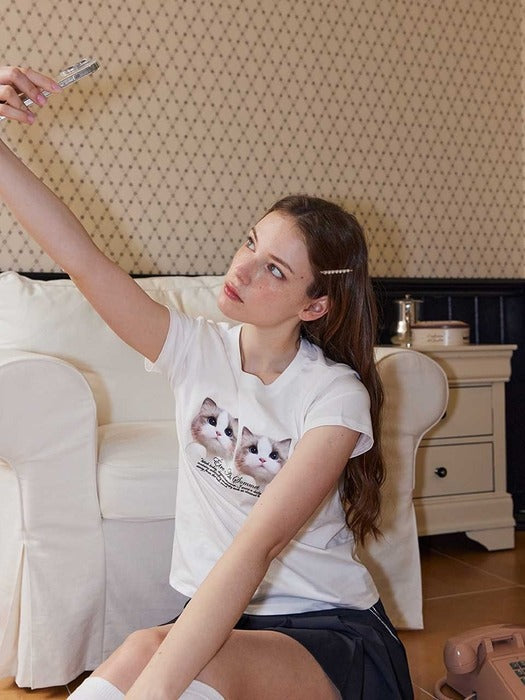 ETRE AU SOMMET Twin cat face half tee (BLACKPINK JISOO WEAR) Gila Archive  DKshop