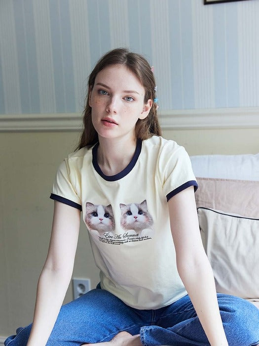 ETRE AU SOMMET Twin cat face half tee (BLACKPINK JISOO WEAR) Gila Archive  DKshop