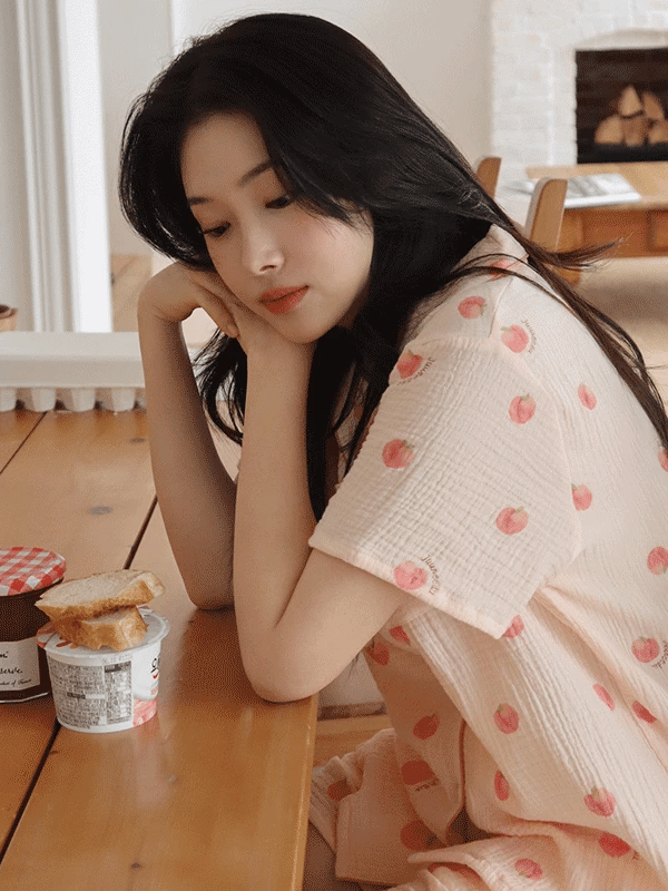 JUUNEEDU J'eu Peach Crinkled Cotton Short-Sleeve Pajama Set JUUNEEDU  DKshop