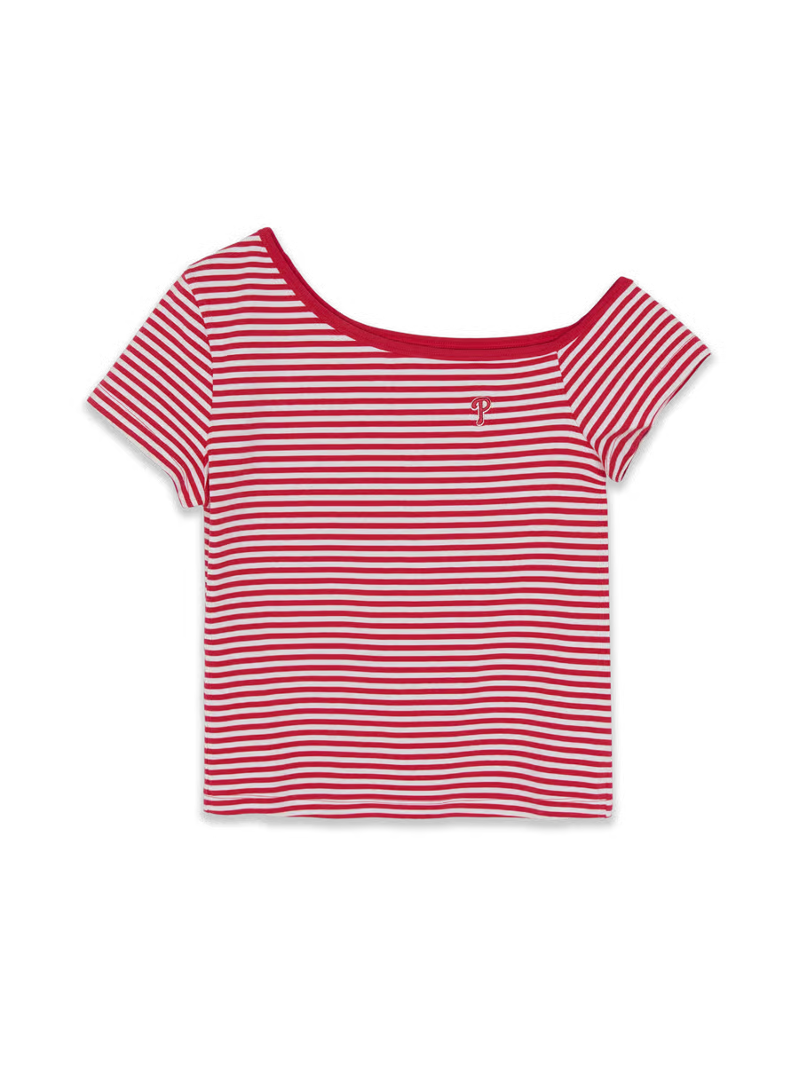 [MLB X KIOF] Women's Varsity Stripe Off-Shoulder Slim-Fit Semi-Cropped Short-Sleeve T-Shirt MLB  DKshop