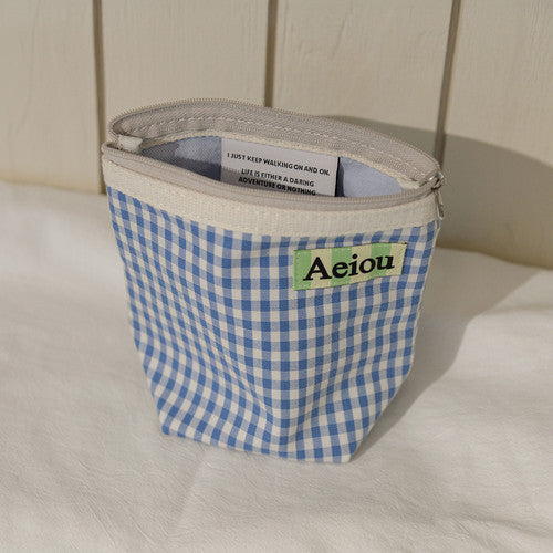 Aeiou Basic Pouch (M size) (Stripe Label) Baby Blue Check Aeiou  DKshop