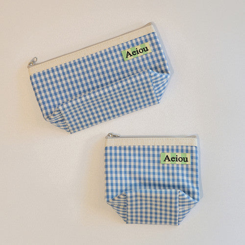 Aeiou Basic Pouch (M size) (Stripe Label) Baby Blue Check Aeiou  DKshop
