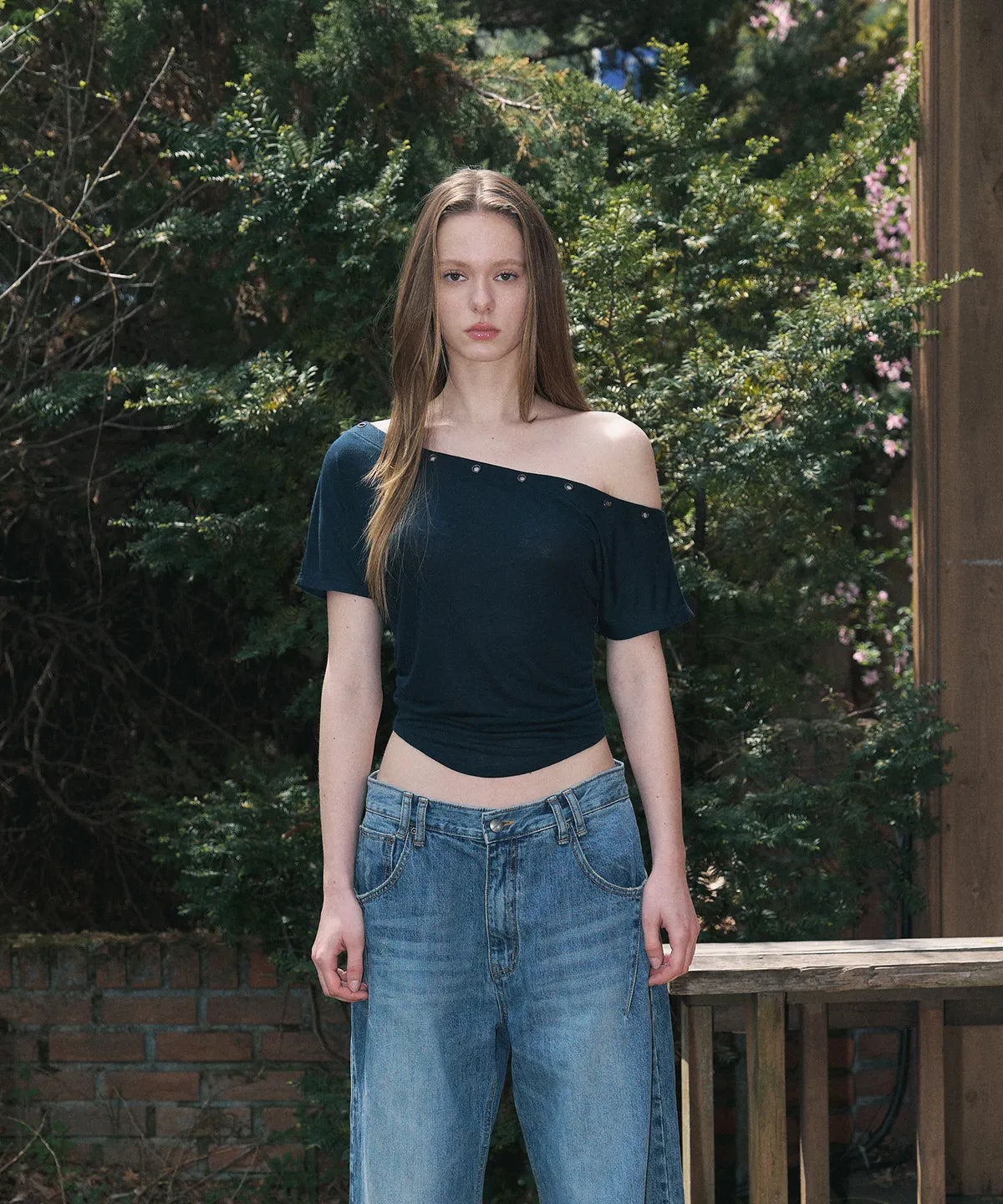 PLEASENOFOLLOW Harry Button Unbal Shirring Short Top (aespa Winter Wear) PLEASENOFOLLOW  DKshop