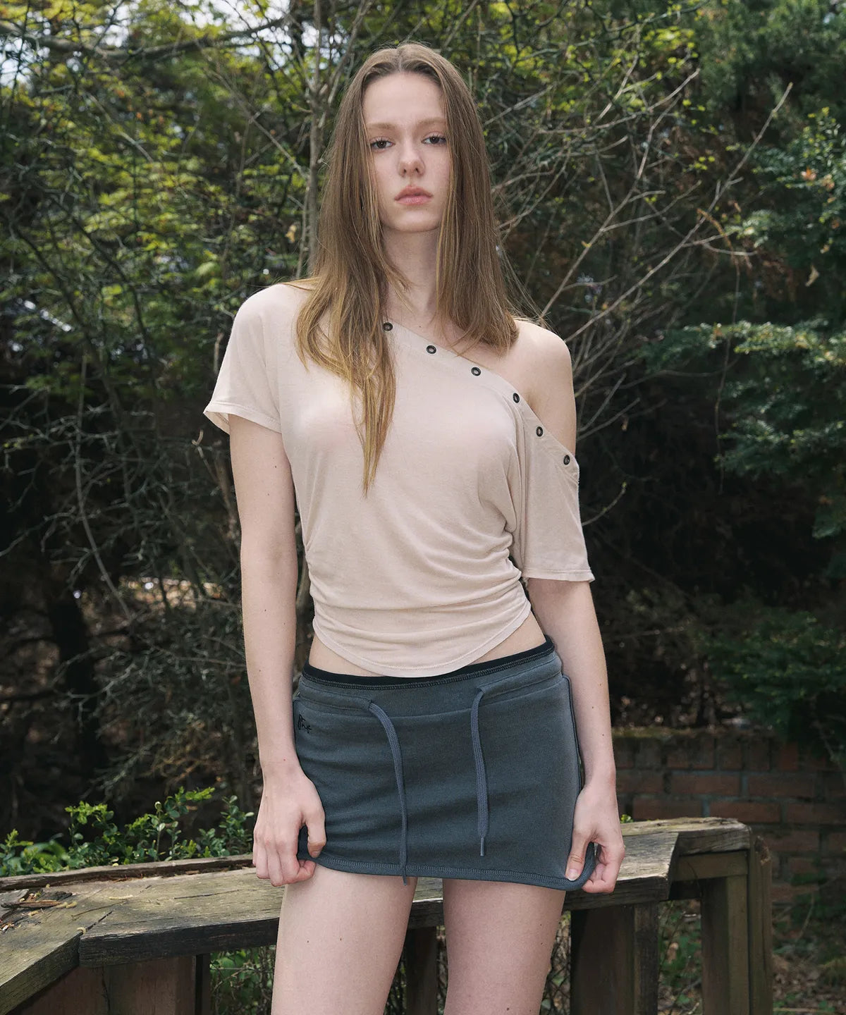 PLEASENOFOLLOW Harry Button Unbal Shirring Short Top (aespa Winter Wear) PLEASENOFOLLOW  DKshop