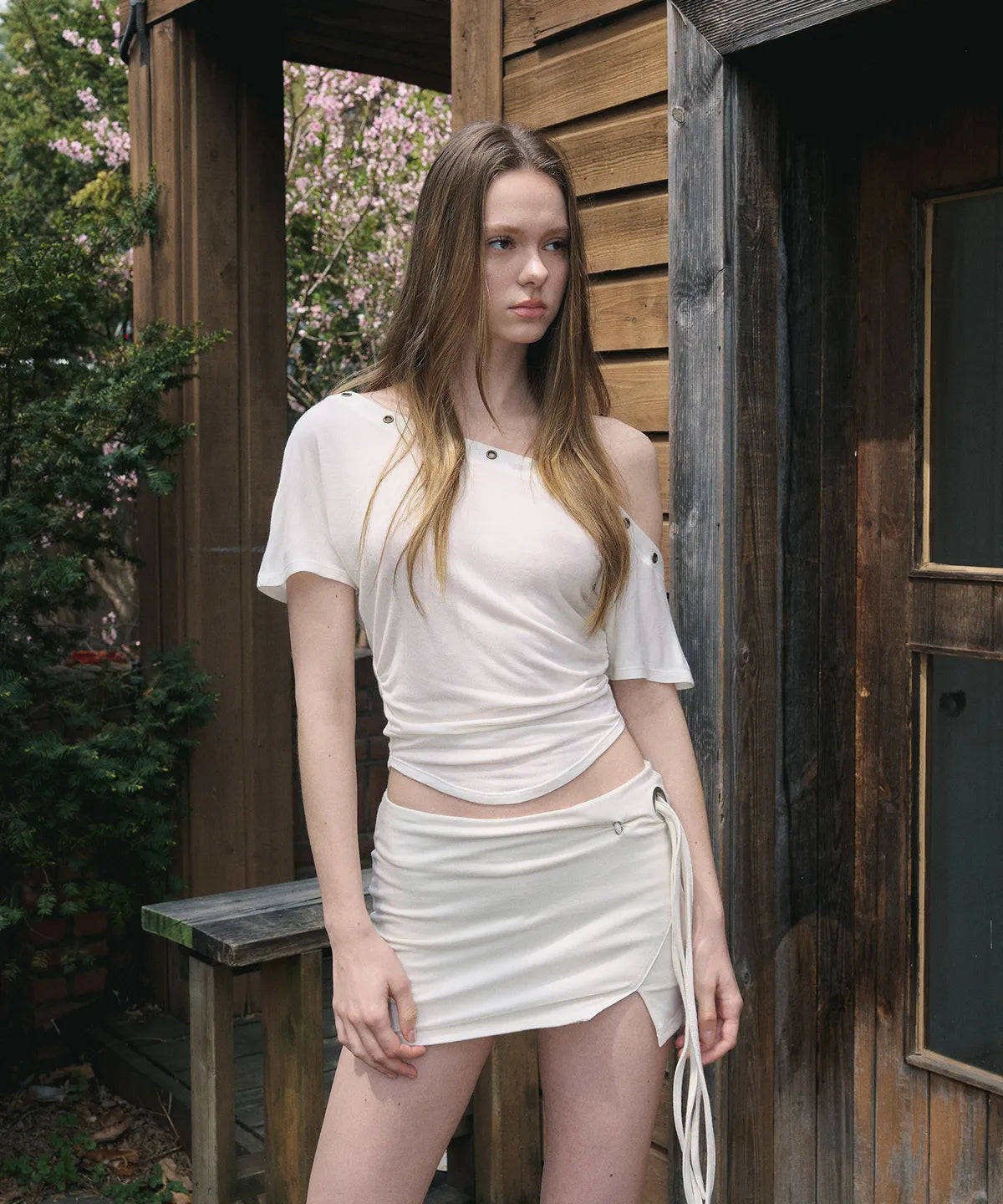 PLEASENOFOLLOW Harry Button Unbal Shirring Short Top (aespa Winter Wear) PLEASENOFOLLOW  DKshop