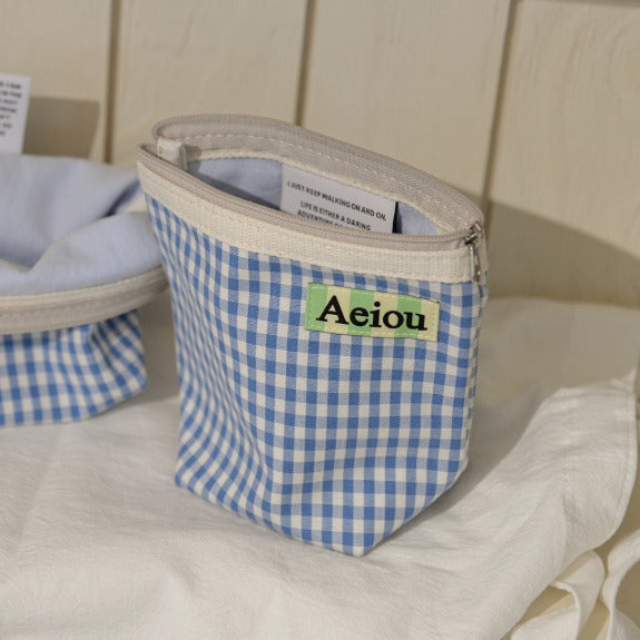 Aeiou Basic Pouch (M size) (Stripe Label) Baby Blue Check Aeiou  DKshop