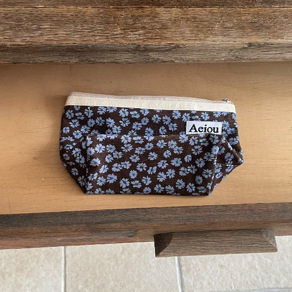 Aeiou Basic Pouch (L size) Blue Flower and Brown Corduroy Aeiou  DKshop