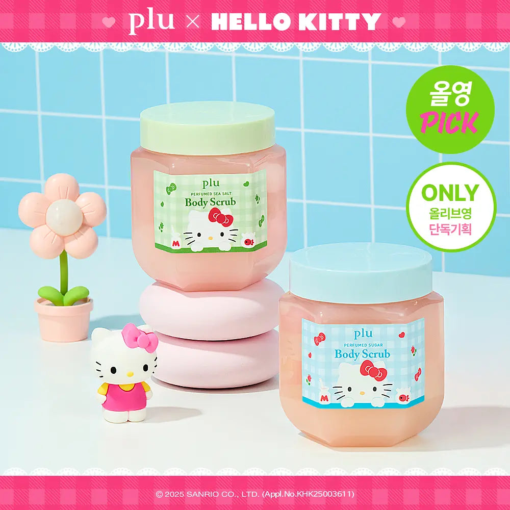 [plu X HELLO KITTY] PERFUMED SEA SALT & SUGAR BODY SCRUB (510g/600g) (+Scrunchie) plu  DKshop