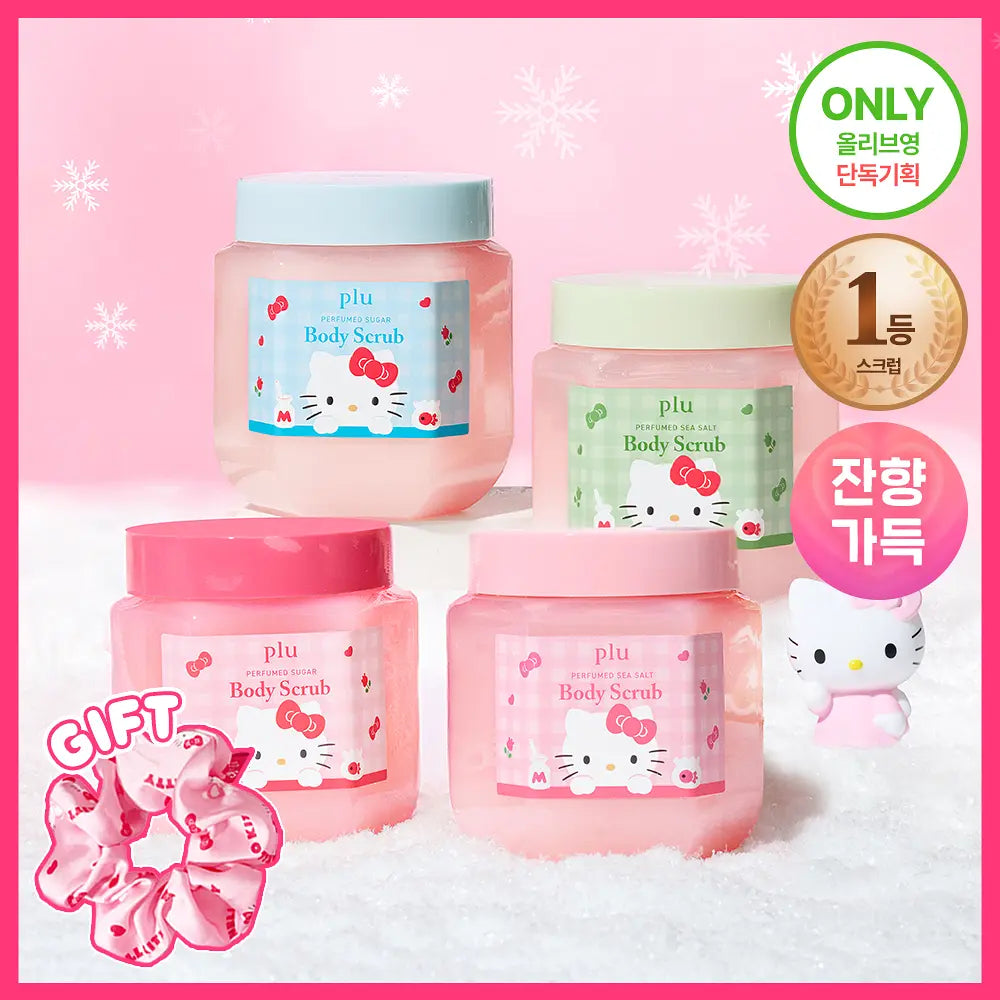[plu X HELLO KITTY] PERFUMED SEA SALT & SUGAR BODY SCRUB (510g/600g) (+Scrunchie) plu  DKshop