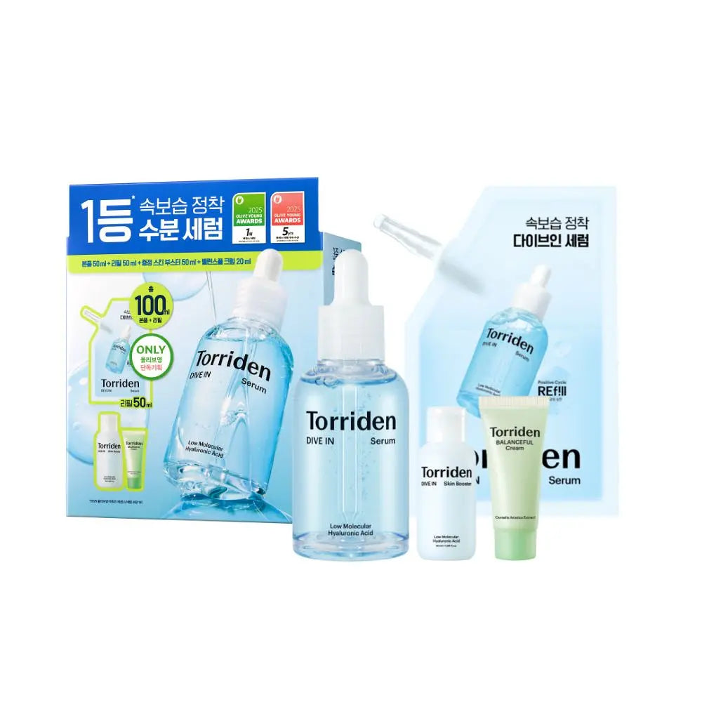 Torriden DIVE-IN Low Molecule Hyaluronic Acid Serum 50ml + Refill 50ml + Skin Booster 50ml + Balance Full Cream 20ml Torriden  DKshop