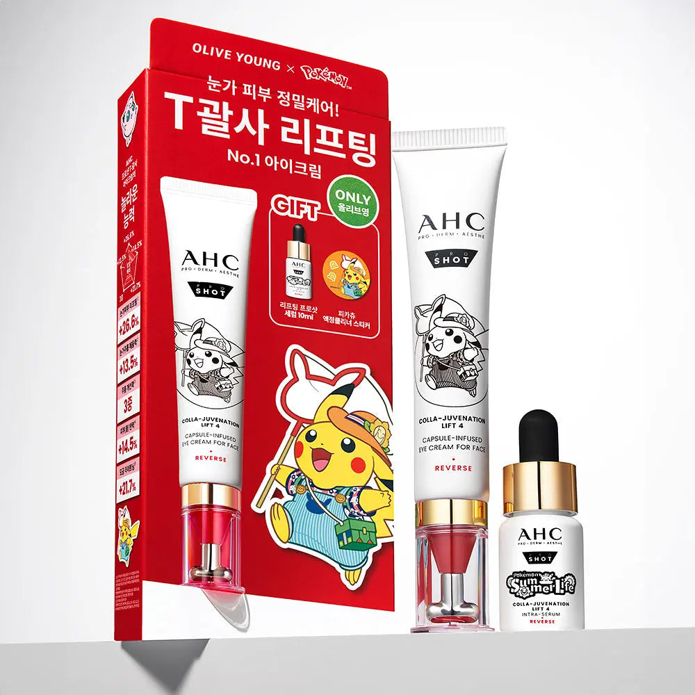 [AHC X Pokémon] PRO SHOT COLLA-JUVENATION LIFT 4 CAPSULE-INFUSED EYE CREAM FOR FACE 30ml (+Serum 10ml +Pikachu Screen Cleaner) AHC  DKshop