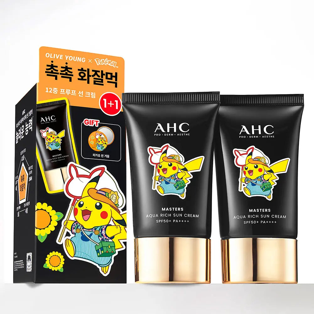 [AHC X Pokémon] AHC MASTERS AQUA RICH SUN CREAM 50ml (1+1) (+Pikachu Pin Mirror) AHC  DKshop