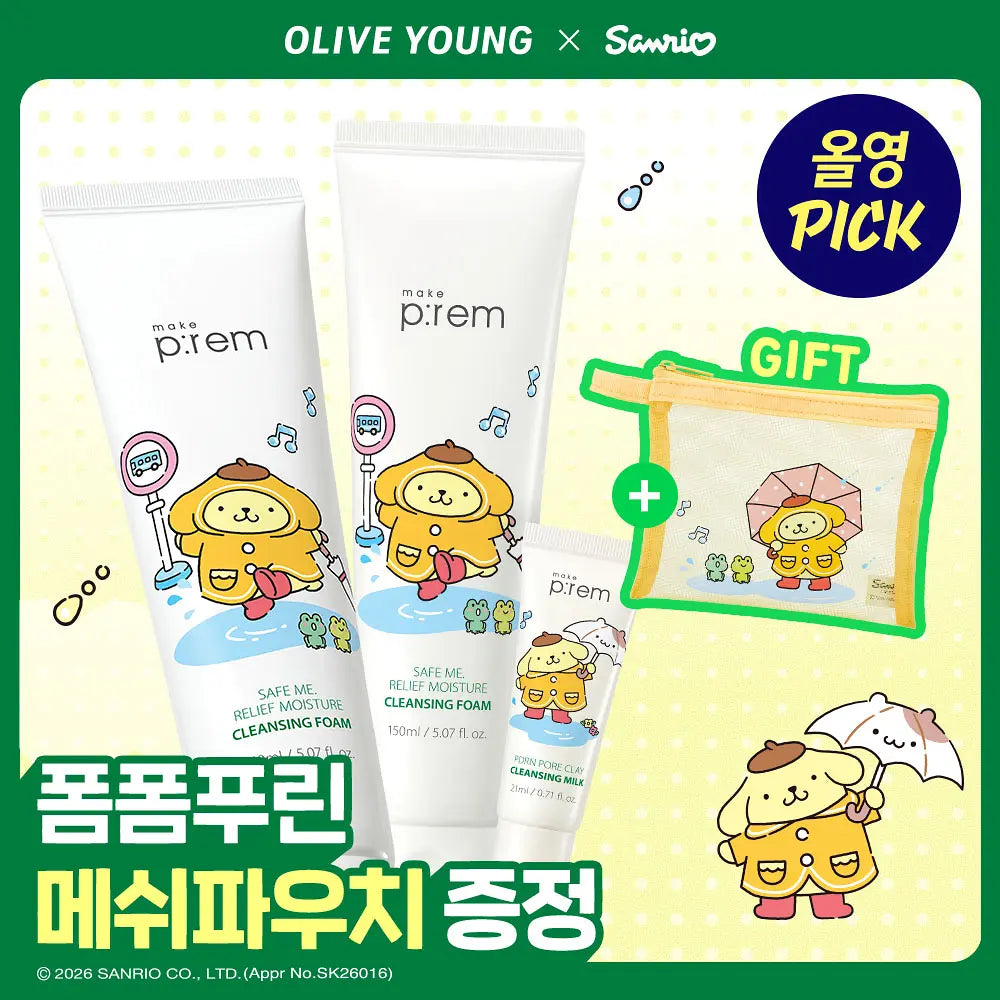 [make p:rem X Sanrio] SAFE ME RELIEF MOISTURE CLEANSING FOAM 150ml * 2ea + Cleansing Milk 21ml + Pouch make p:rem  DKshop