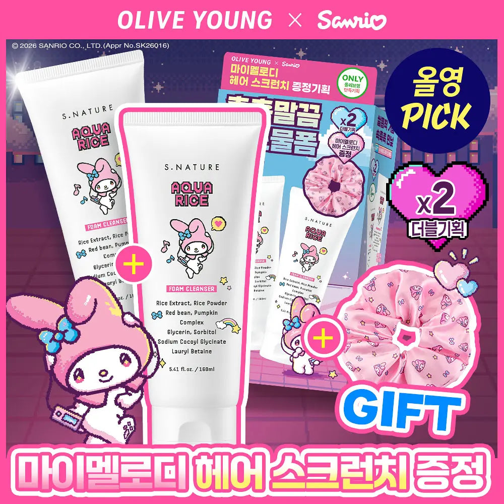 [S.NATURE X Sanrio] AQUA RICE pH5.5 FOAM CLEANSER 160ml * 2ea + My Melody Scrunchie S.NATURE  DKshop