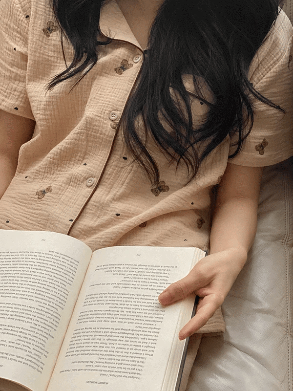 JUUNEEDU J'eu Mandy Bear Crinkled Cotton Short-Sleeve Pajama Set – 3 Colors JUUNEEDU  DKshop