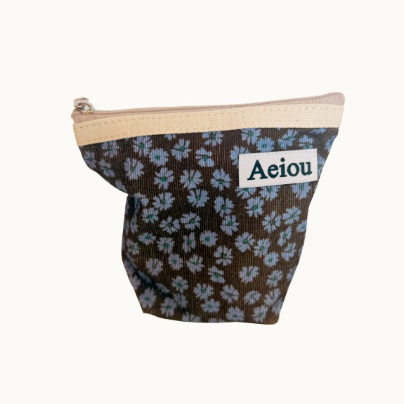 Aeiou Basic Pouch (M size) Blue Flower and Brown Corduroy Aeiou  DKshop