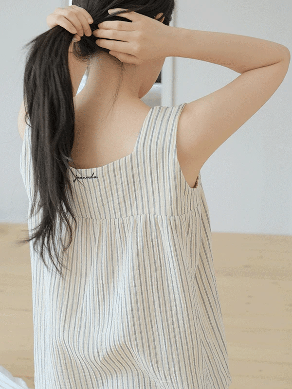 JUUNEEDU J'eu Matinee Striped Crinkle Cotton Sleeveless Pajama Set JUUNEEDU  DKshop